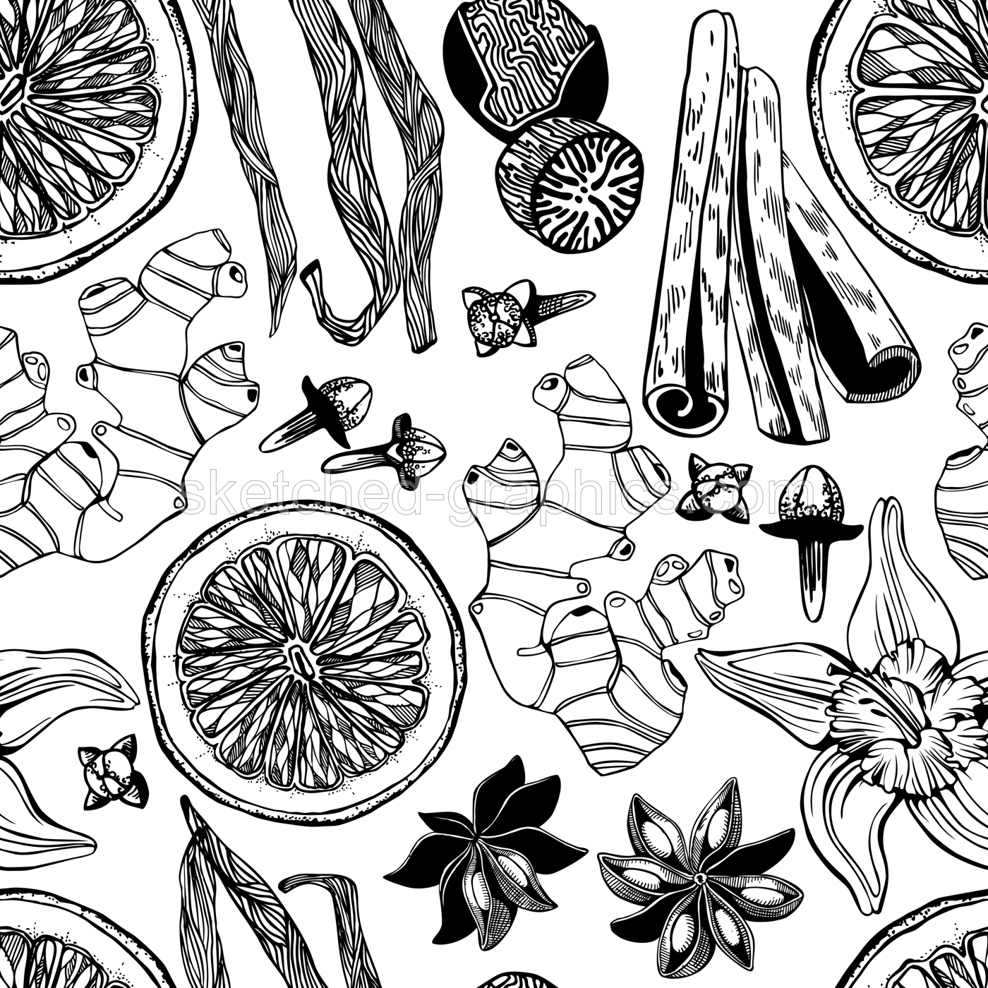 Hand-drawn herbs and spices background. Minimalist food seamless pattern. Kitchen spices sketches - cinnamon, vanilla, cloves, nutmeg, ginger.. NOT AI generated Illustration